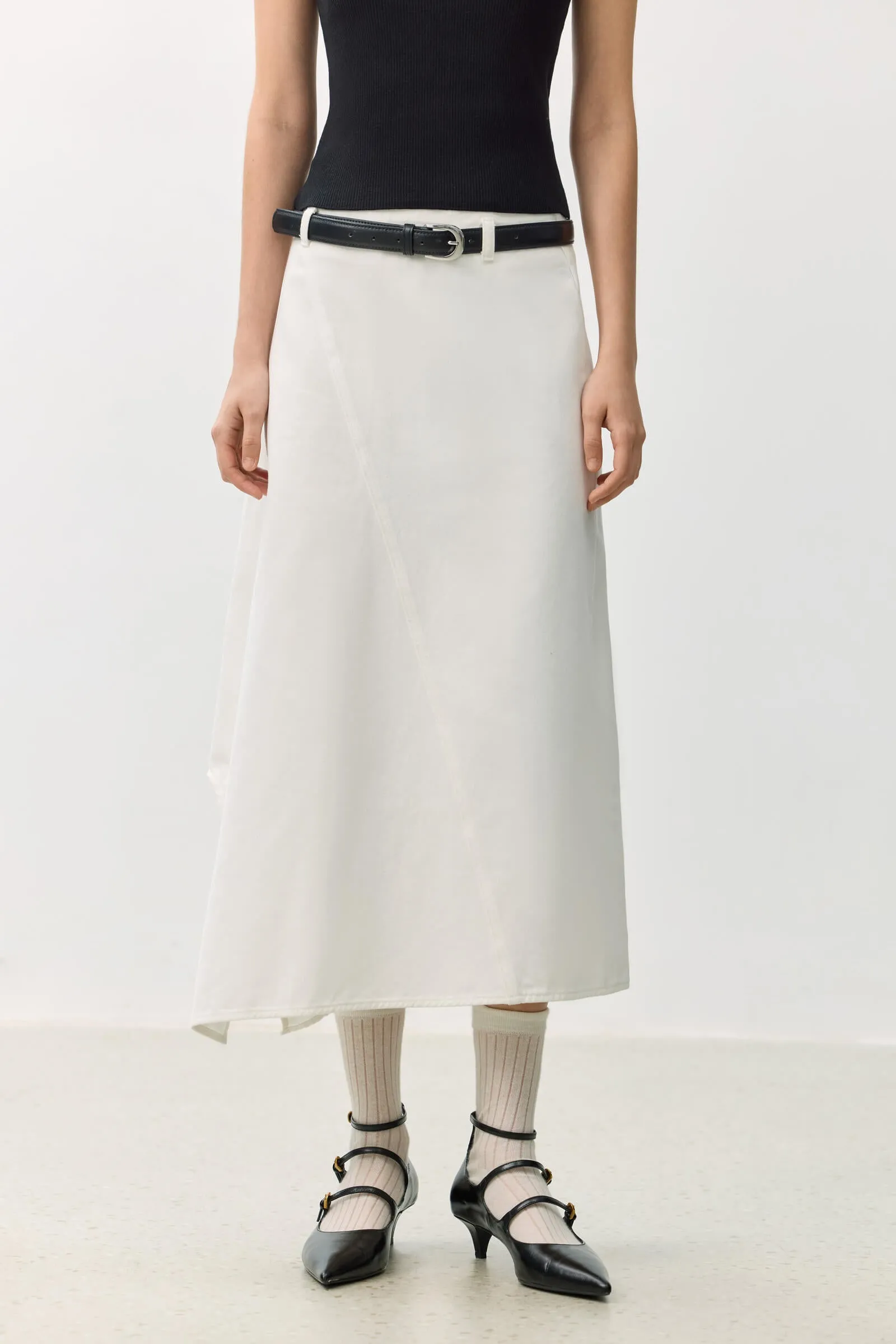 LILY Asymmetric Denim Midi Skirt