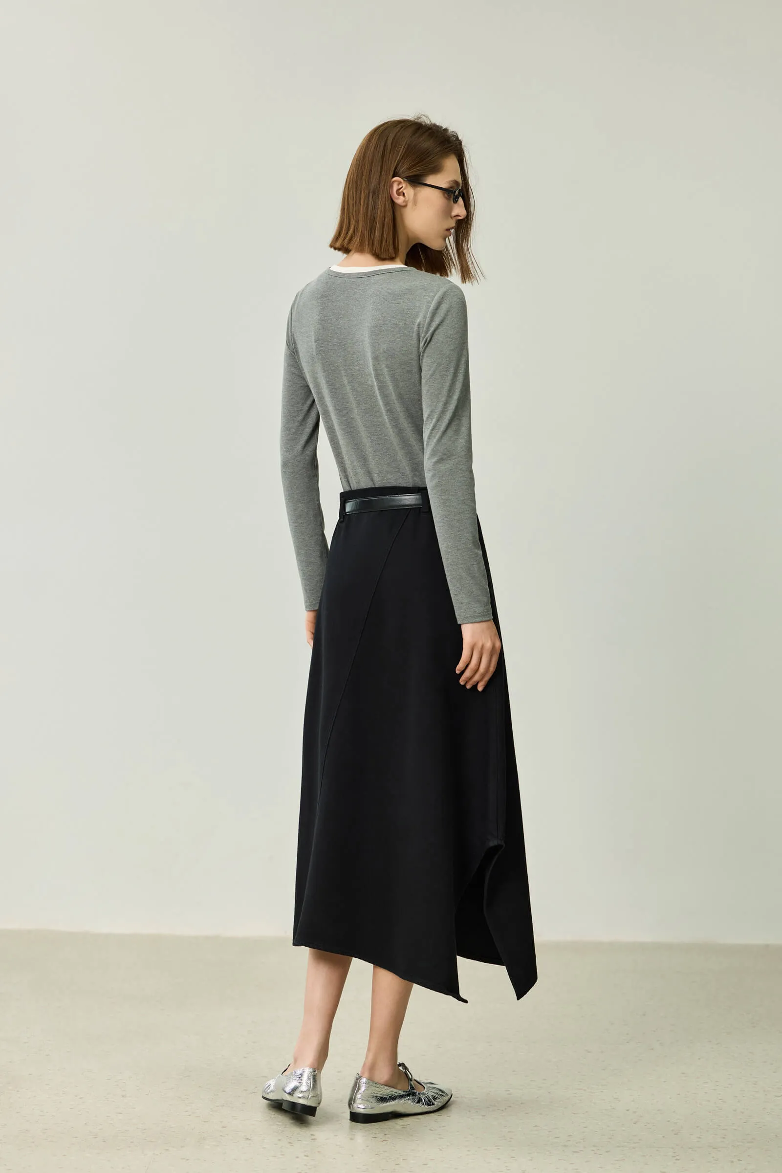 LILY Asymmetric Denim Midi Skirt