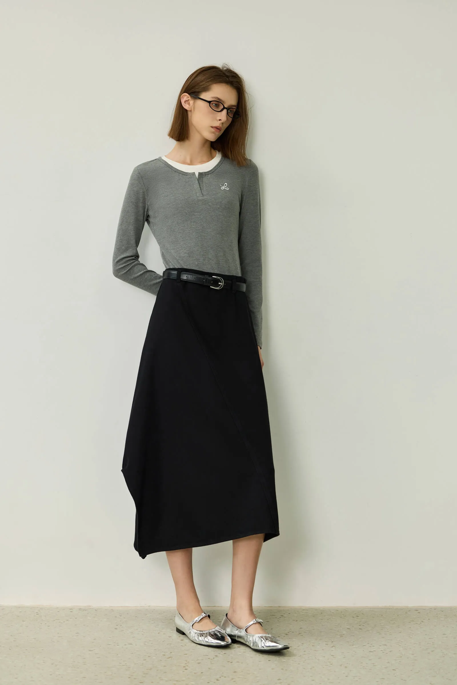 LILY Asymmetric Denim Midi Skirt