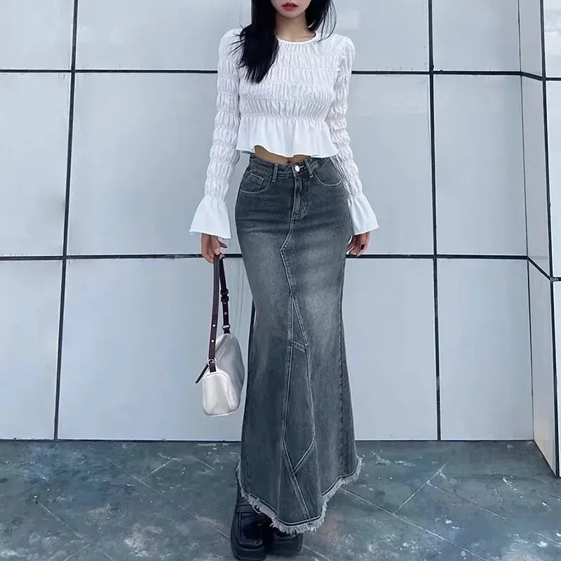 LVSANW 2024 Autumn Retro Classic All-Match Skirt Women Casual Commuter Outing Tight Sexy Irregular Long Denim Vitality Skirt Girl Cool