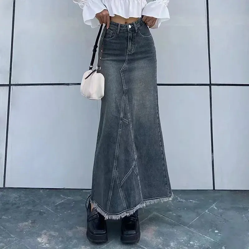 LVSANW 2024 Autumn Retro Classic All-Match Skirt Women Casual Commuter Outing Tight Sexy Irregular Long Denim Vitality Skirt Girl Cool