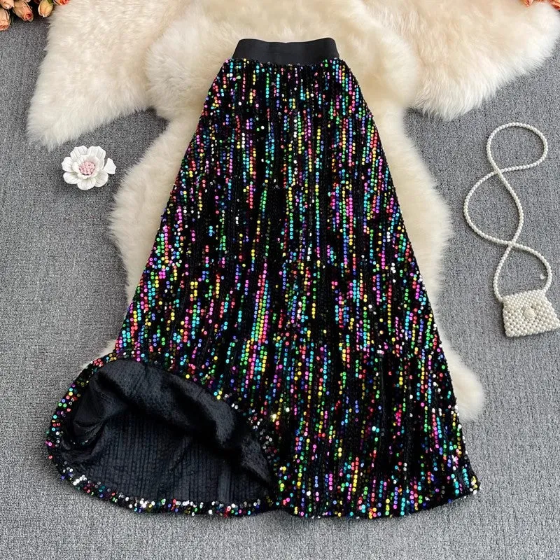 mid-length A-line skirt fashionable sparkling sequins skirt     S4122