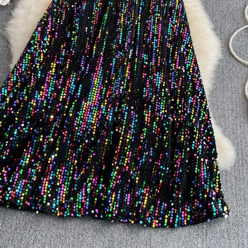 mid-length A-line skirt fashionable sparkling sequins skirt     S4122