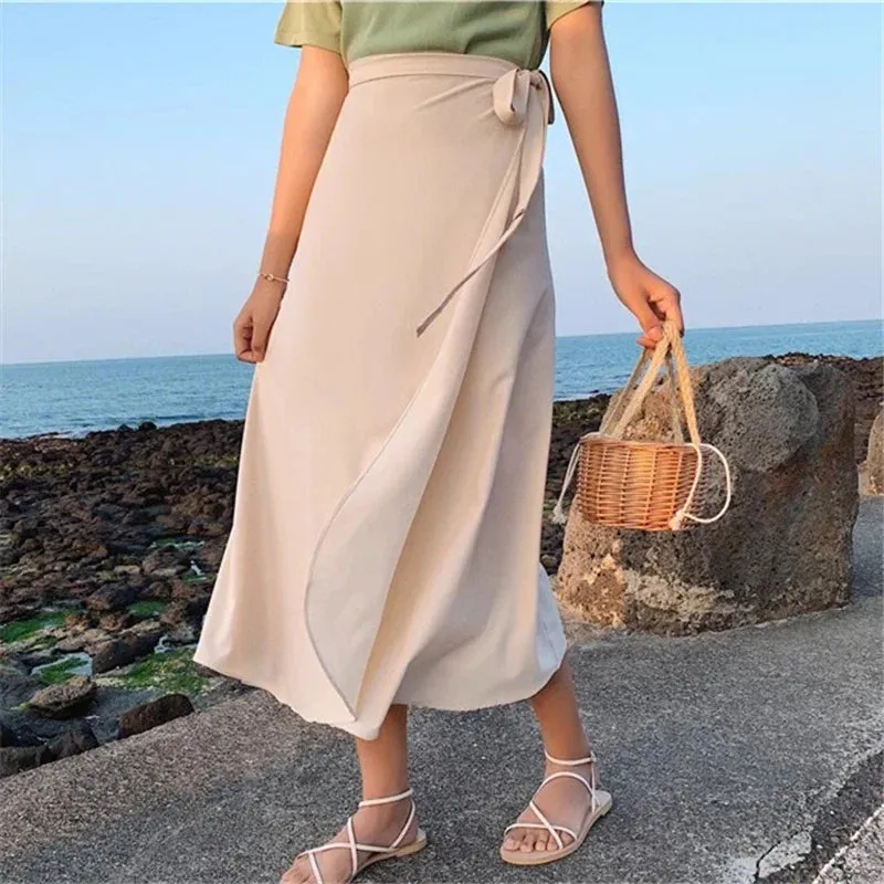 New Stain Women A-Line Long Side Split High Waist Fashionable Umbrella Beach Female Skirt