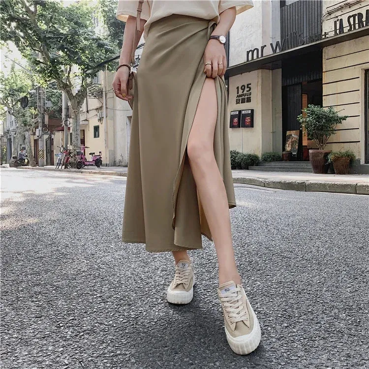 New Stain Women A-Line Long Side Split High Waist Fashionable Umbrella Beach Female Skirt