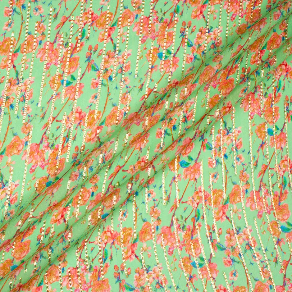 Orange/Pink Floral Printed Green Metallic Silk Georgette (A 2.10m Piece)