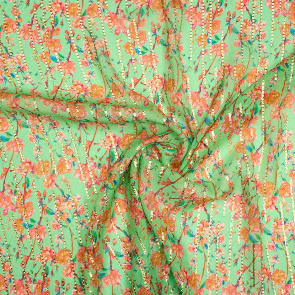 Orange/Pink Floral Printed Green Metallic Silk Georgette (A 2.10m Piece)