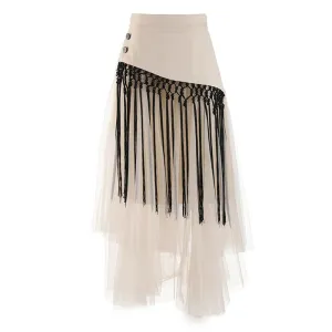 Patchwork Tassels Mesh A-Line Skirt