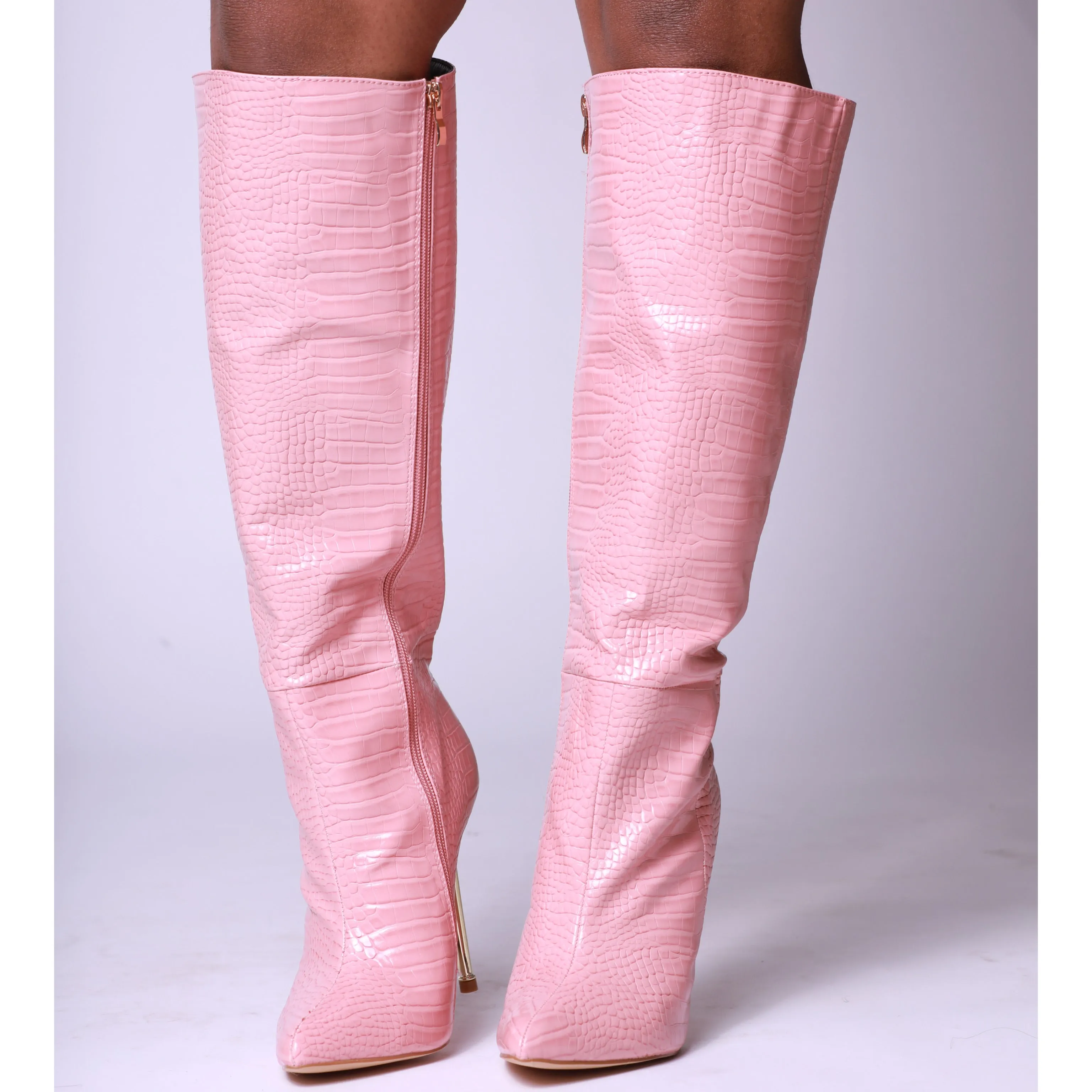 Pink Croc Print Faux Leather Metallic Heel Knee High Long Boots