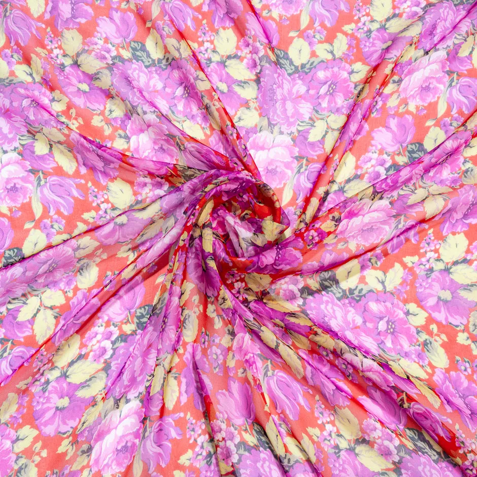 Pink Floral Printed Red Pure Silk Chiffon