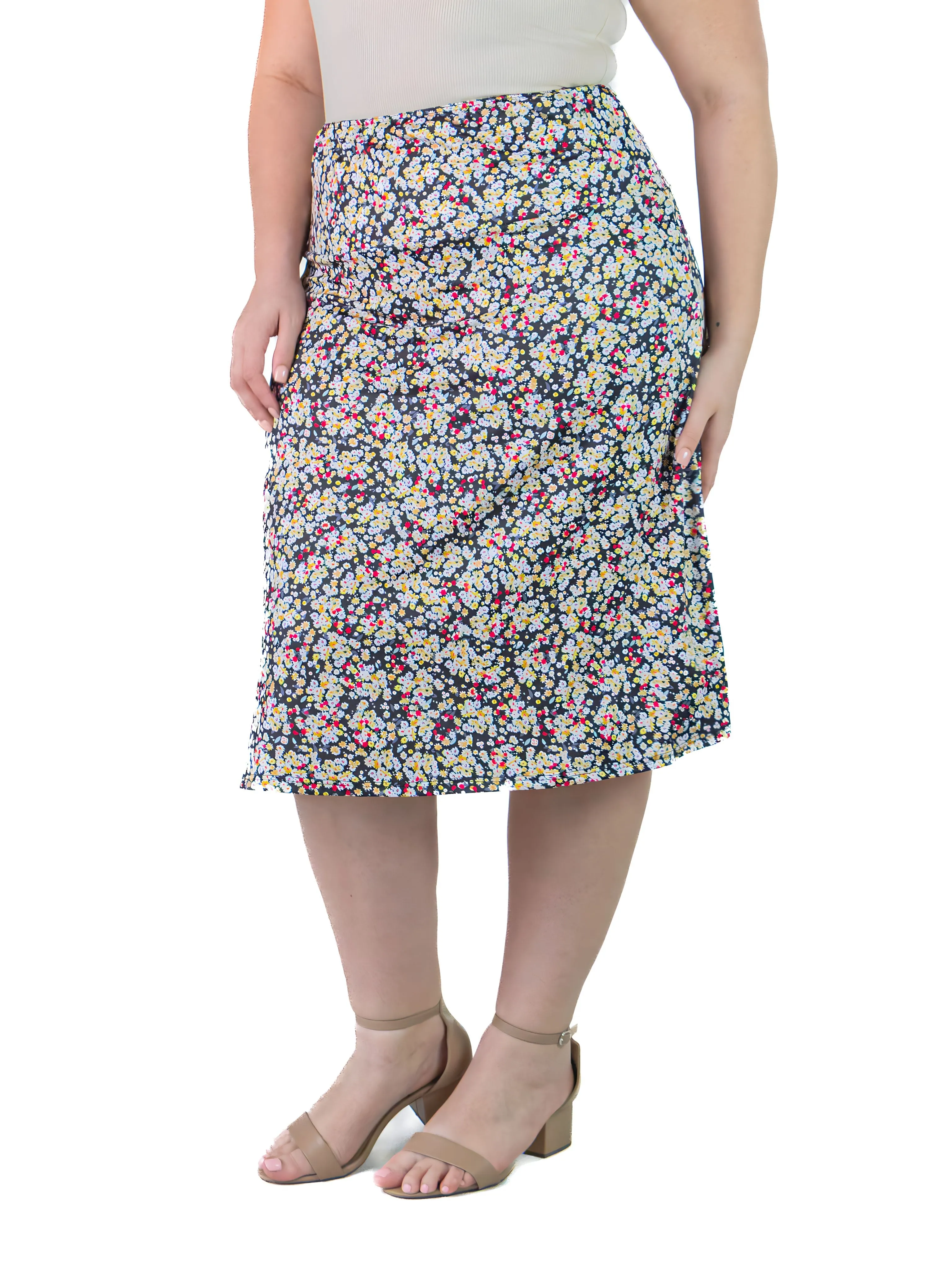 Plus Size Black Floral Print Elastic Waist Below Knee Length Skirt