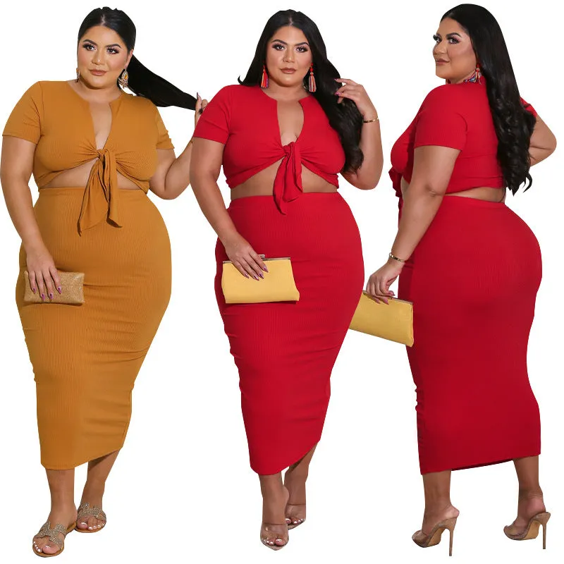 Plus Size Cropped Top Short Sleeve Fashionable 2 Pc Skirt Set