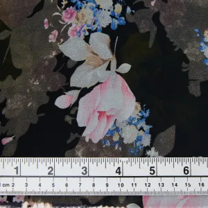 Printed Polyester Chiffon Fabric, Black Pink Floral-Width 150cm