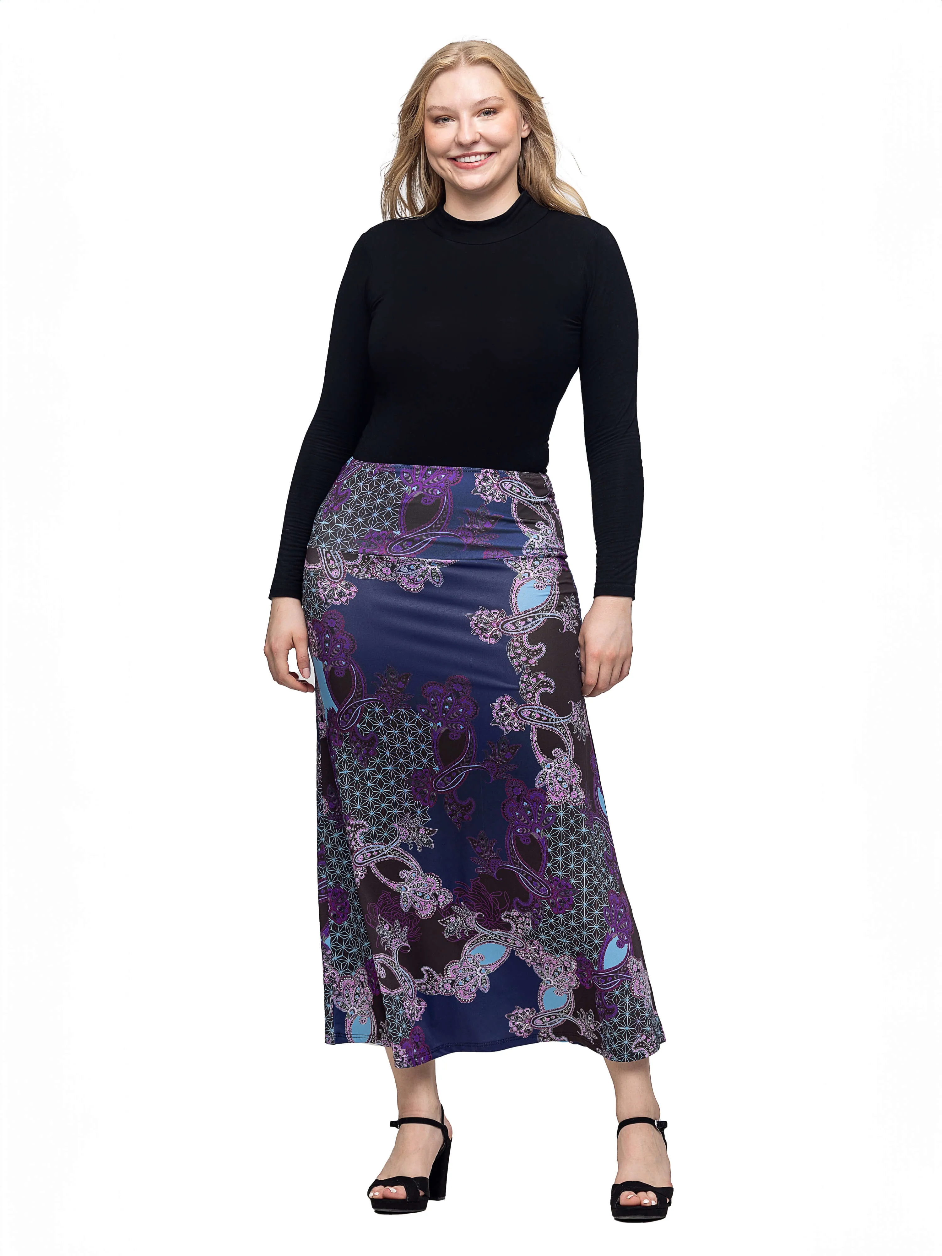 Purple Paisley Print Elastic Waist A Line Maxi Skirt