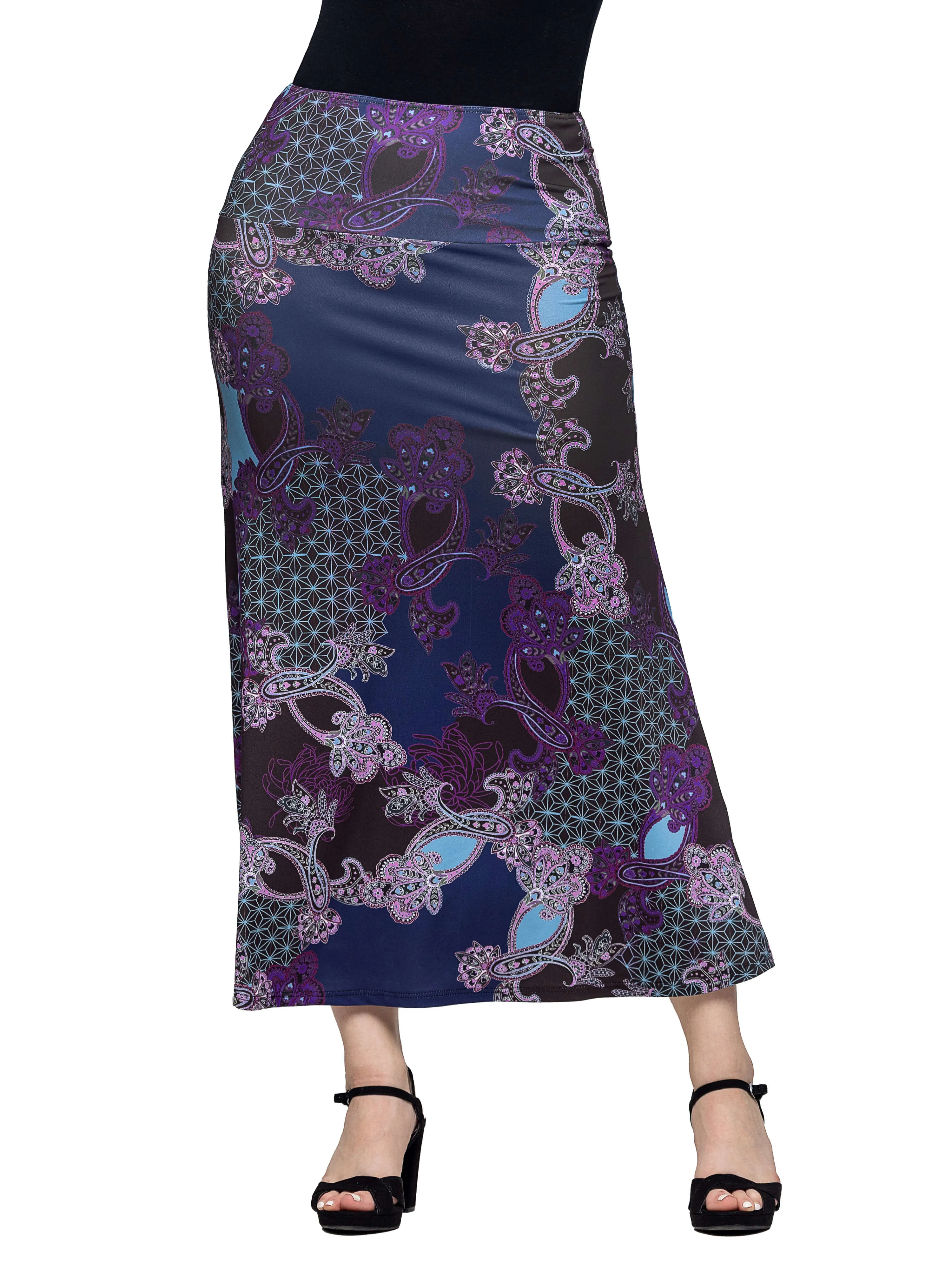 Purple Paisley Print Elastic Waist A Line Maxi Skirt