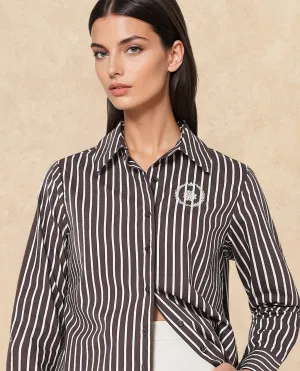 Rareism Women Teevee Brown Cuffed Sleeve Collared Neck Button Closure Narrow Stripes Shirt