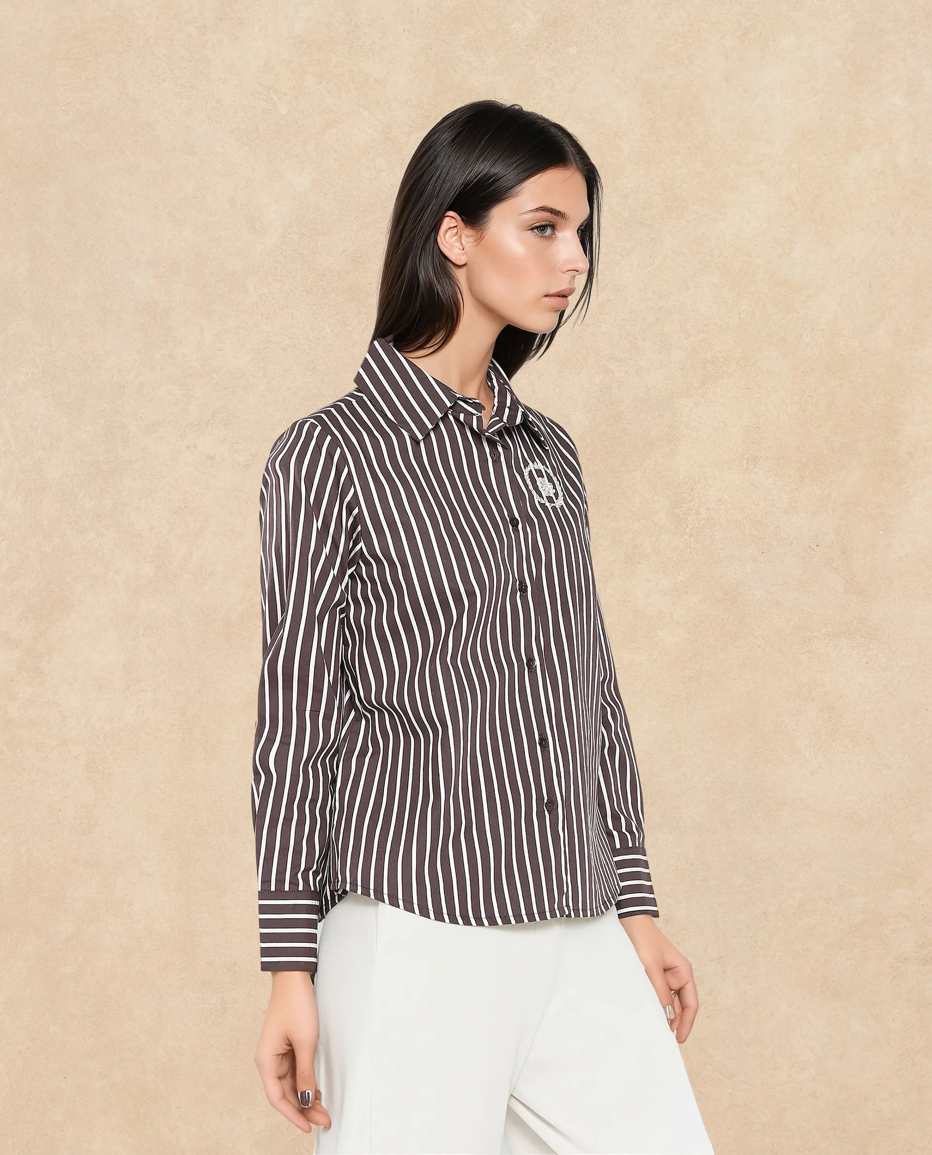 Rareism Women Teevee Brown Cuffed Sleeve Collared Neck Button Closure Narrow Stripes Shirt