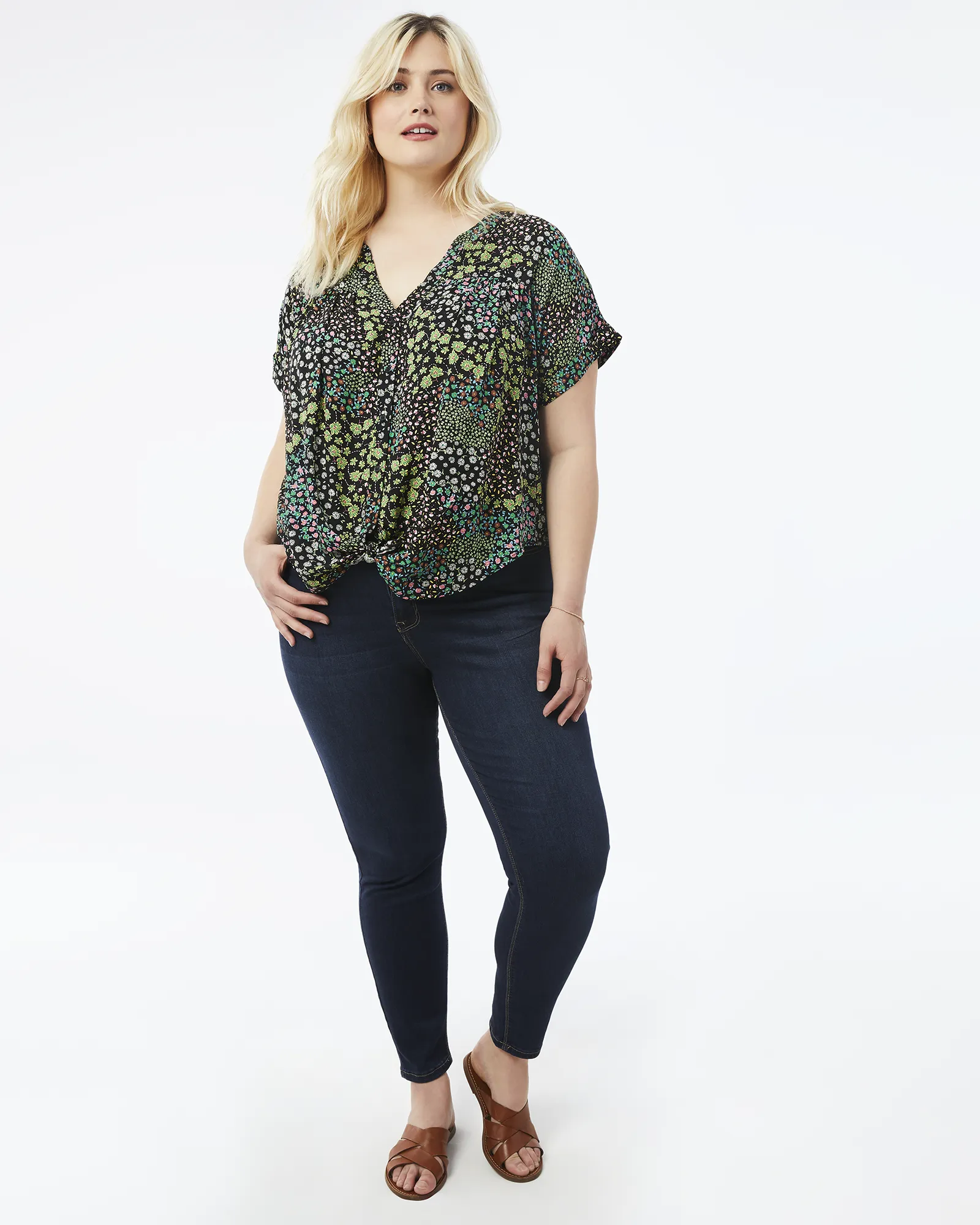 Riley Printed Button-Front Top | Black / Light Green