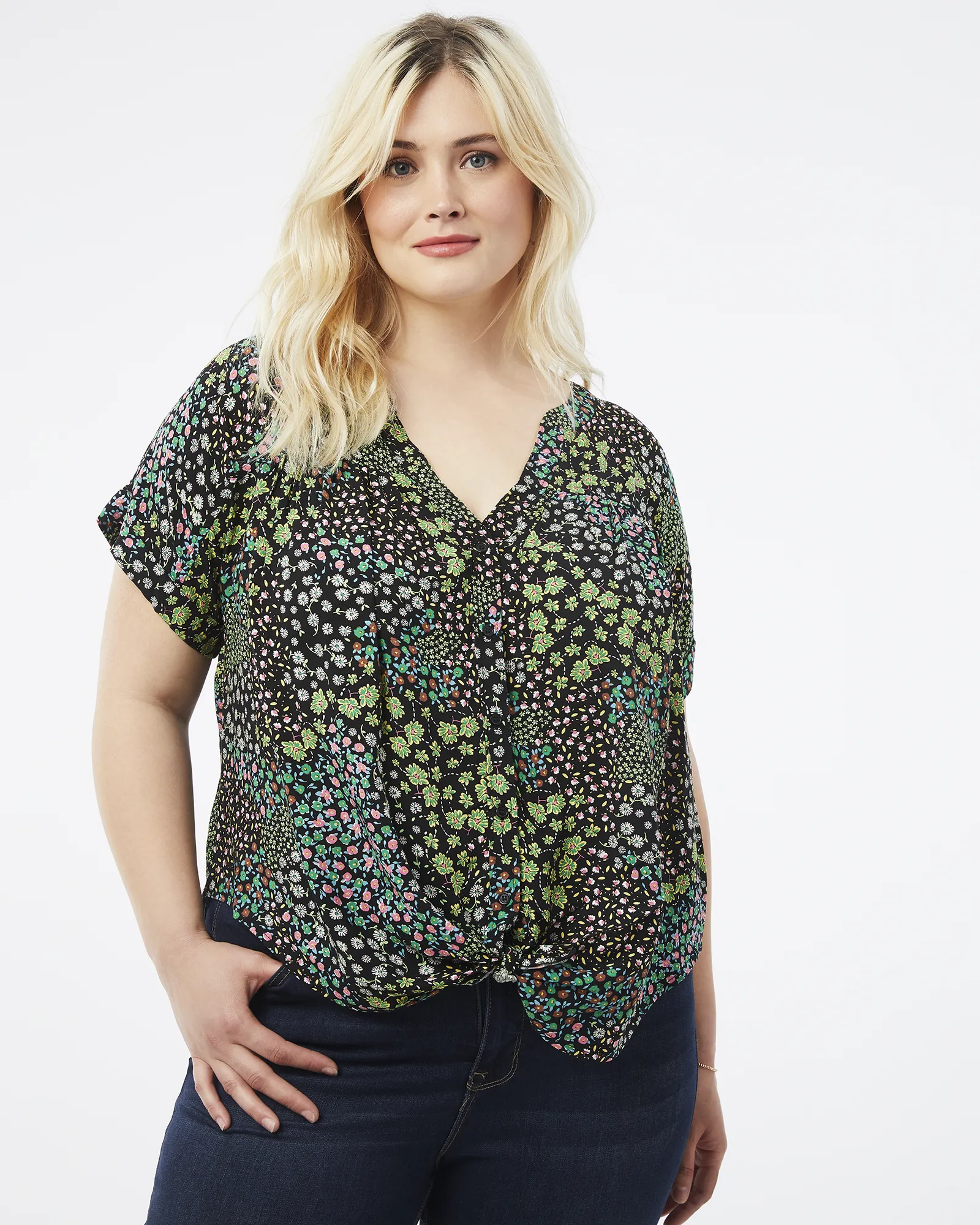 Riley Printed Button-Front Top | Black / Light Green