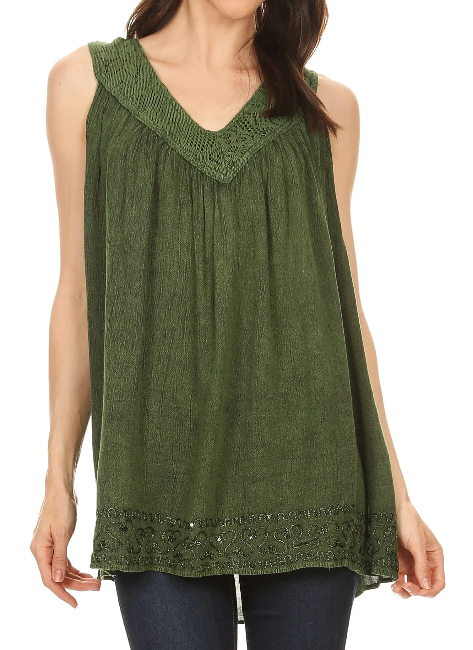 Sakkas Maissa  Sleeveless V-neck Tank Top  with Crochet Trim and Embroidery