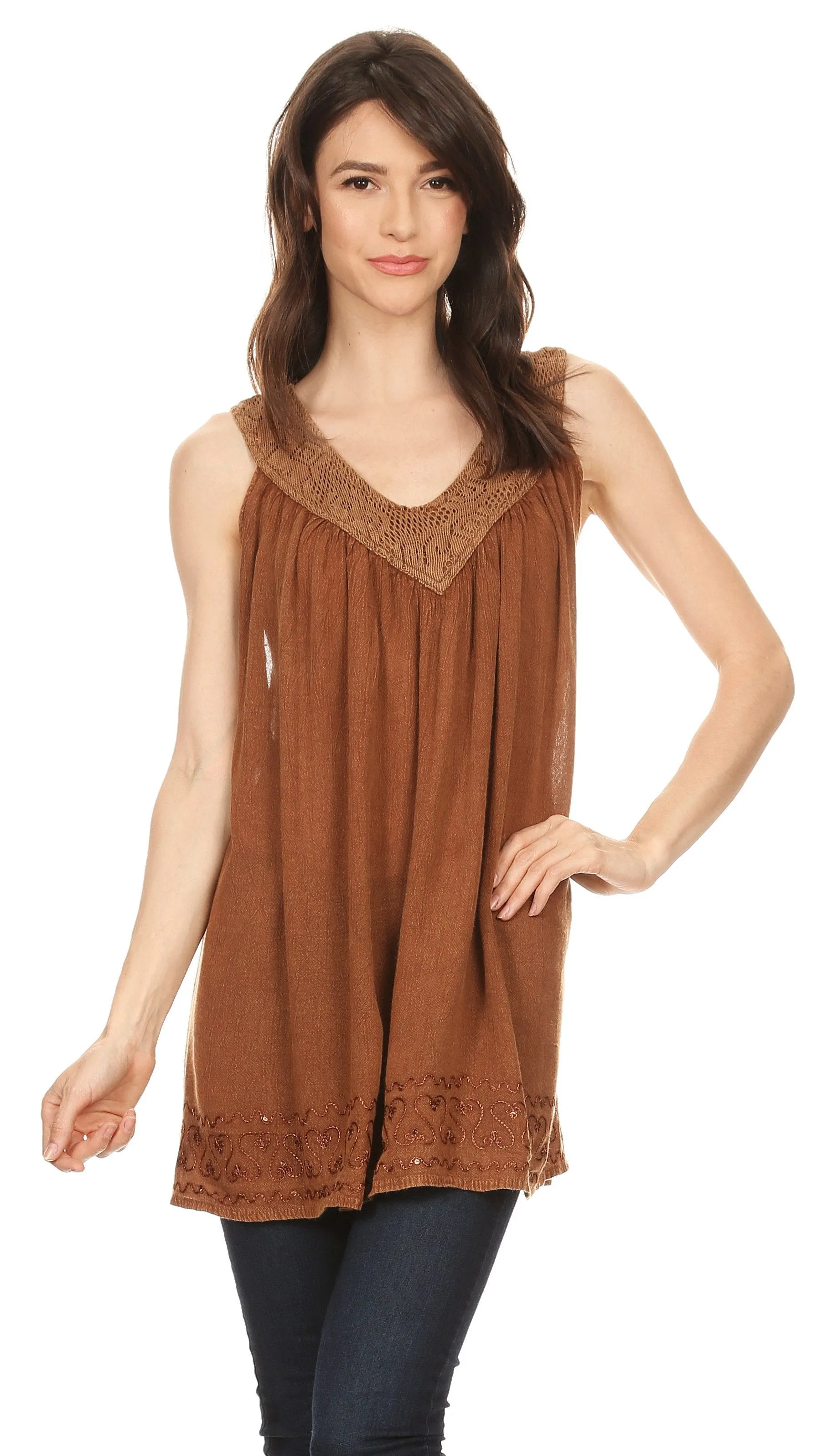 Sakkas Maissa  Sleeveless V-neck Tank Top  with Crochet Trim and Embroidery