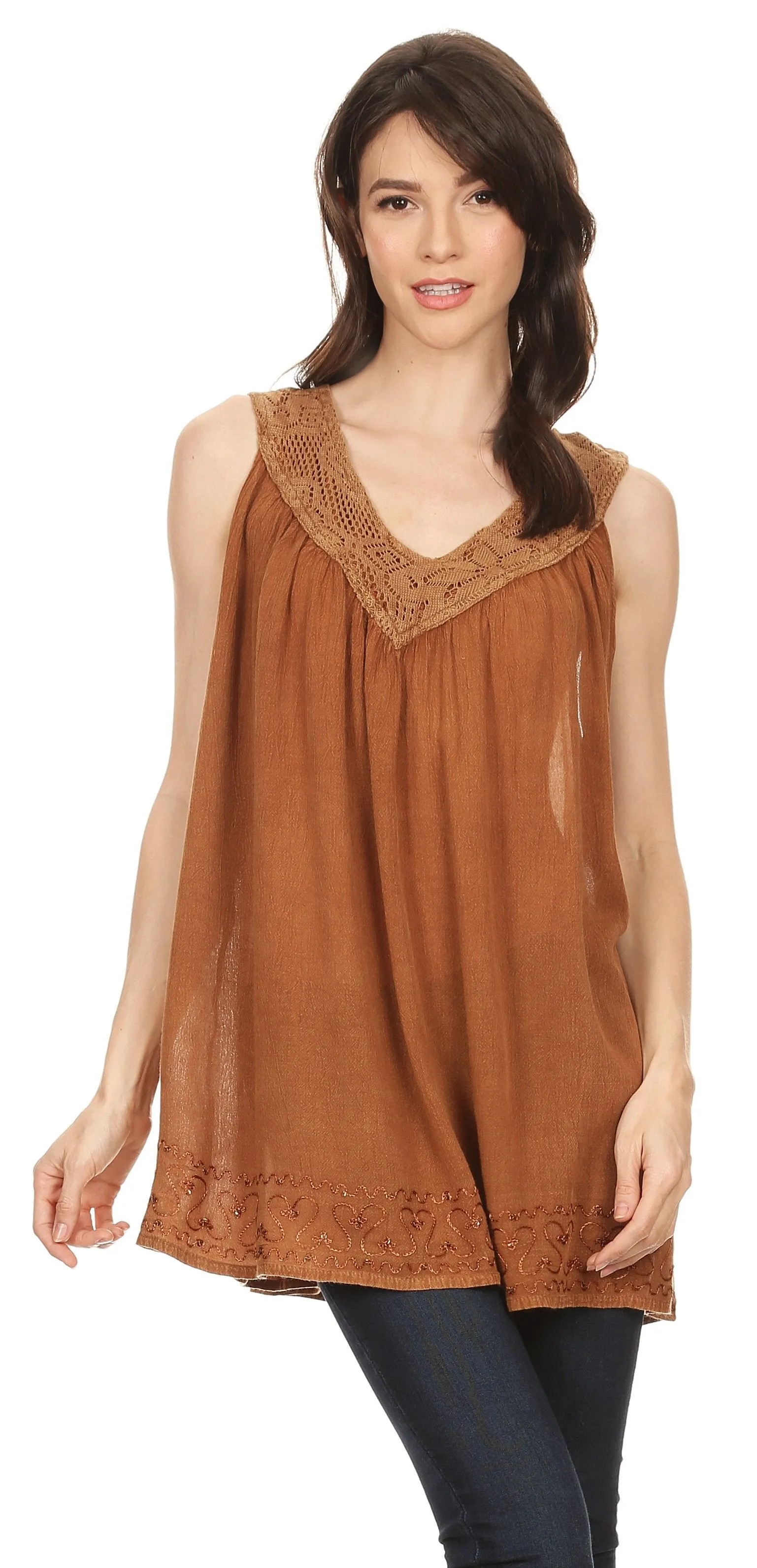 Sakkas Maissa  Sleeveless V-neck Tank Top  with Crochet Trim and Embroidery