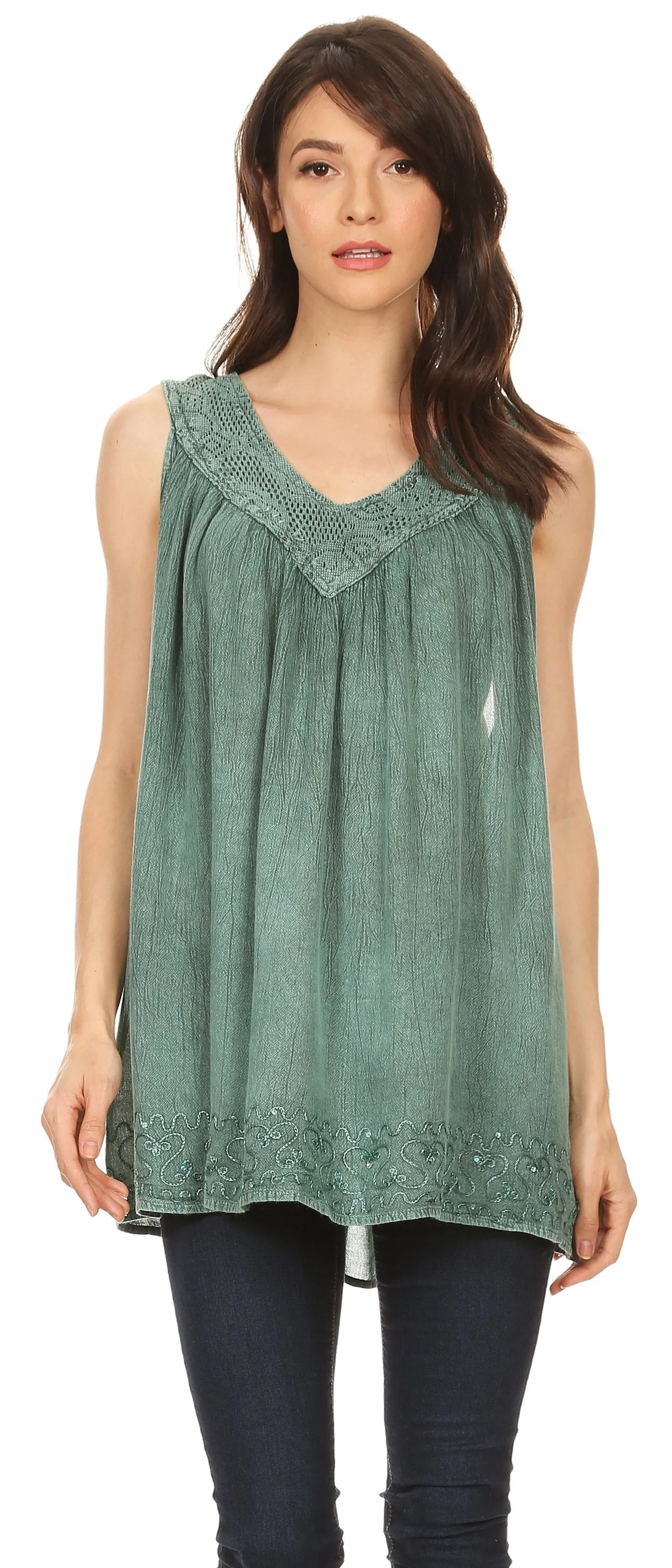 Sakkas Maissa  Sleeveless V-neck Tank Top  with Crochet Trim and Embroidery