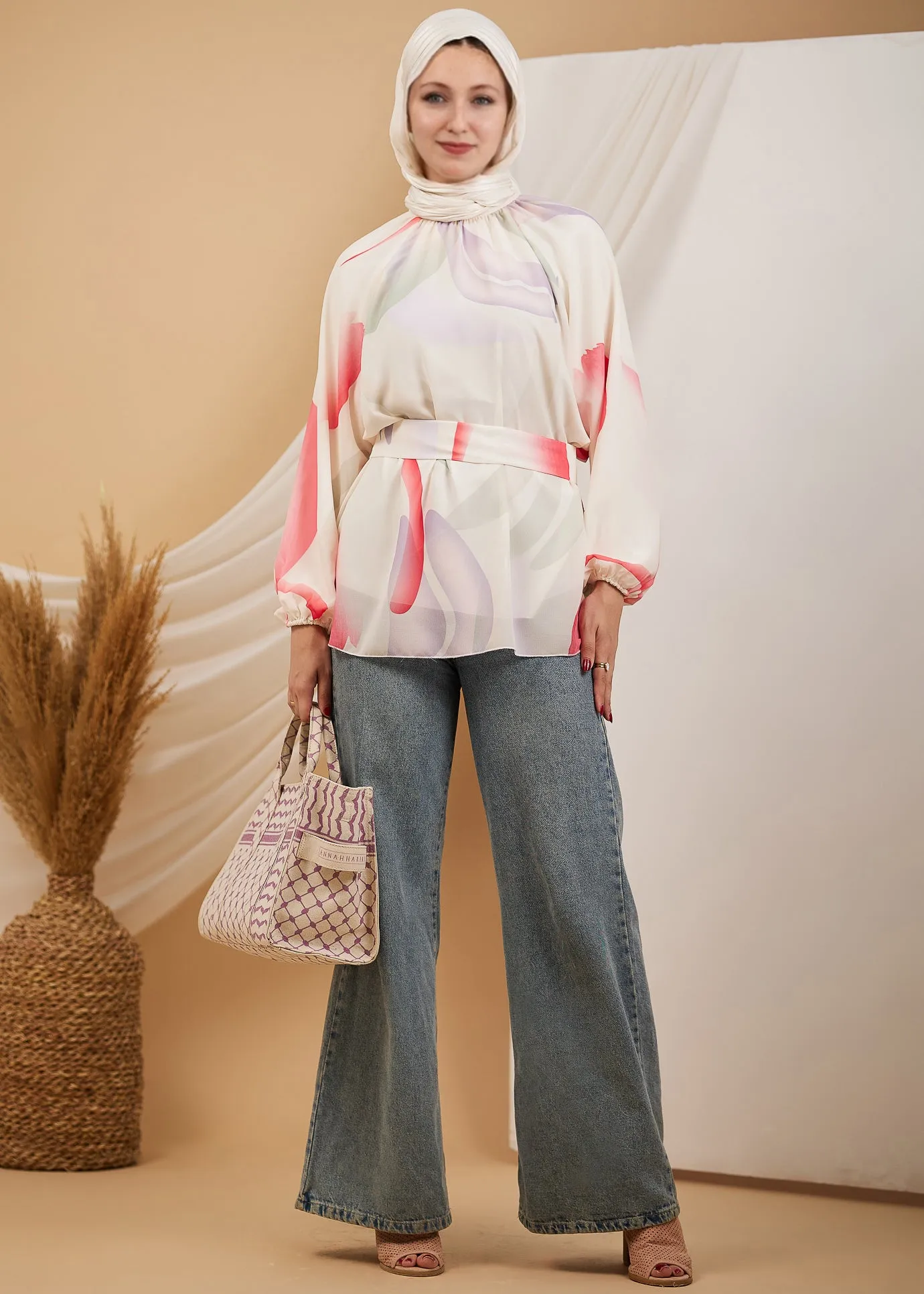 Suad Radiant Chiffon High Neck Blouse with Abstract Print