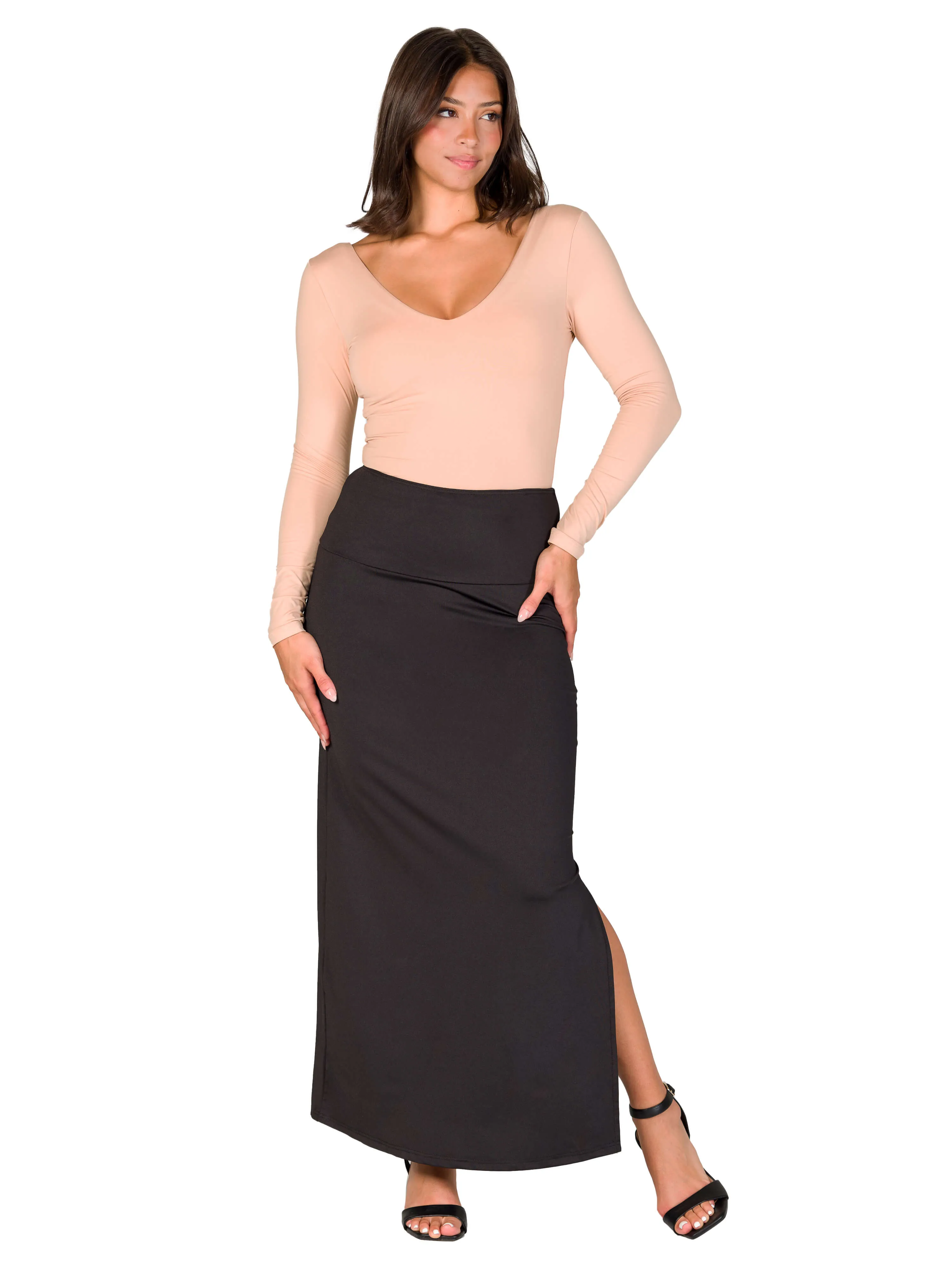 Versatile Side Slit Elastic Waist Maxi Skirt