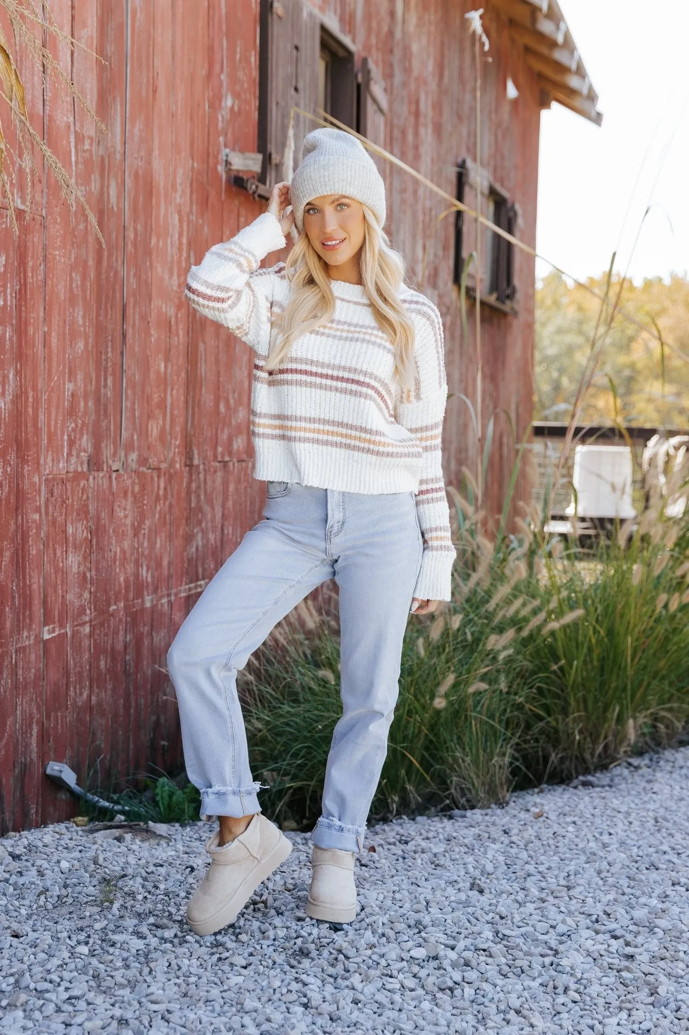 White Multi Stripe Ribbed Sweater