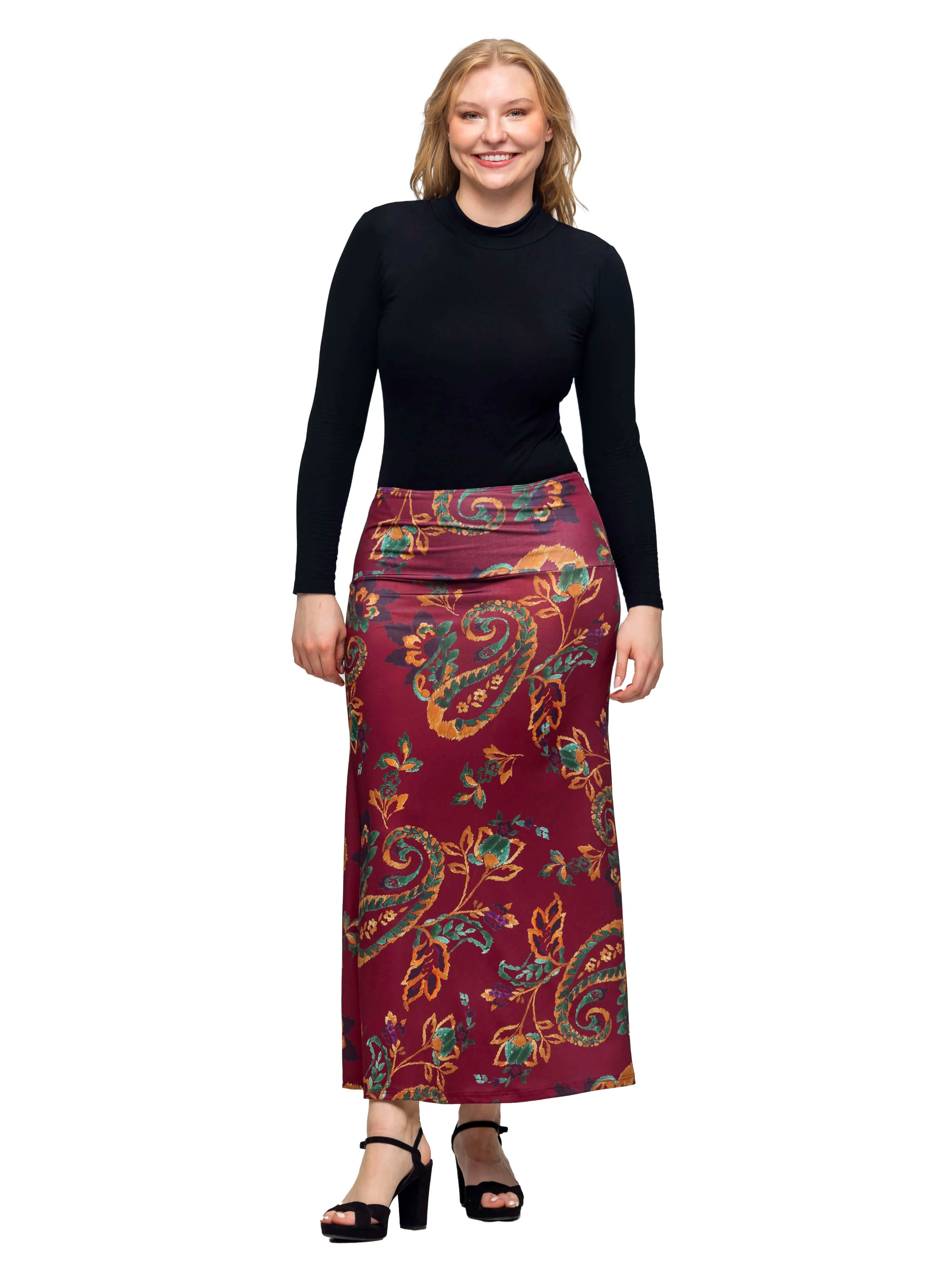 Wine Print Elastic Waist A Line Maxi Skirt