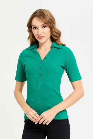 Women Green Rib Collared Top