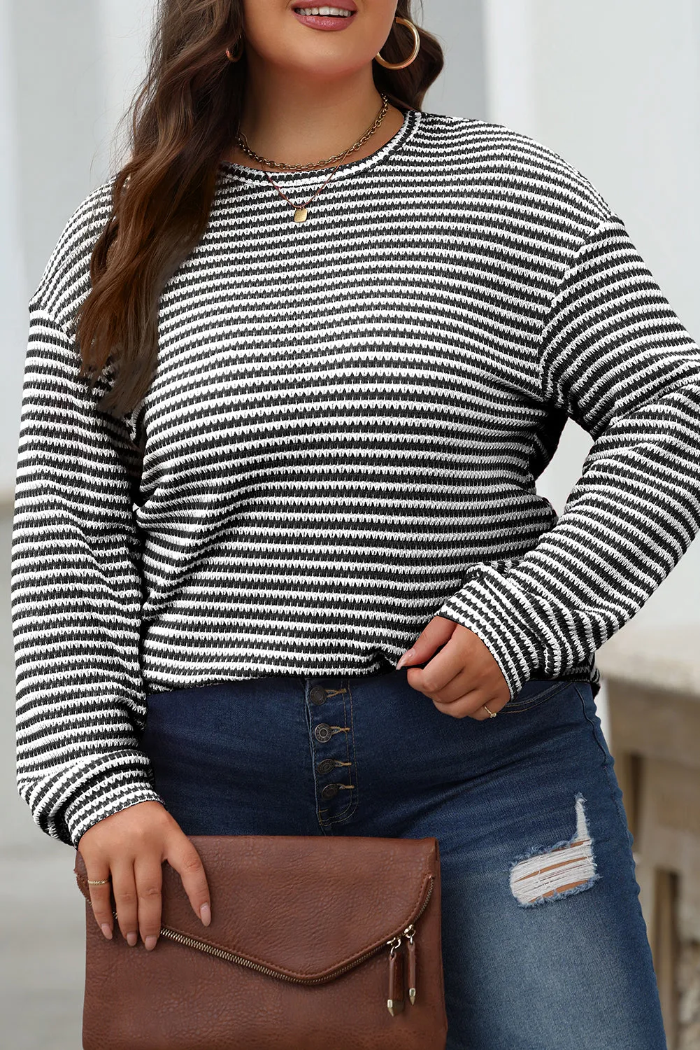 Womens Black Striped Round Neck Drop Shoulder Long Sleeve Top