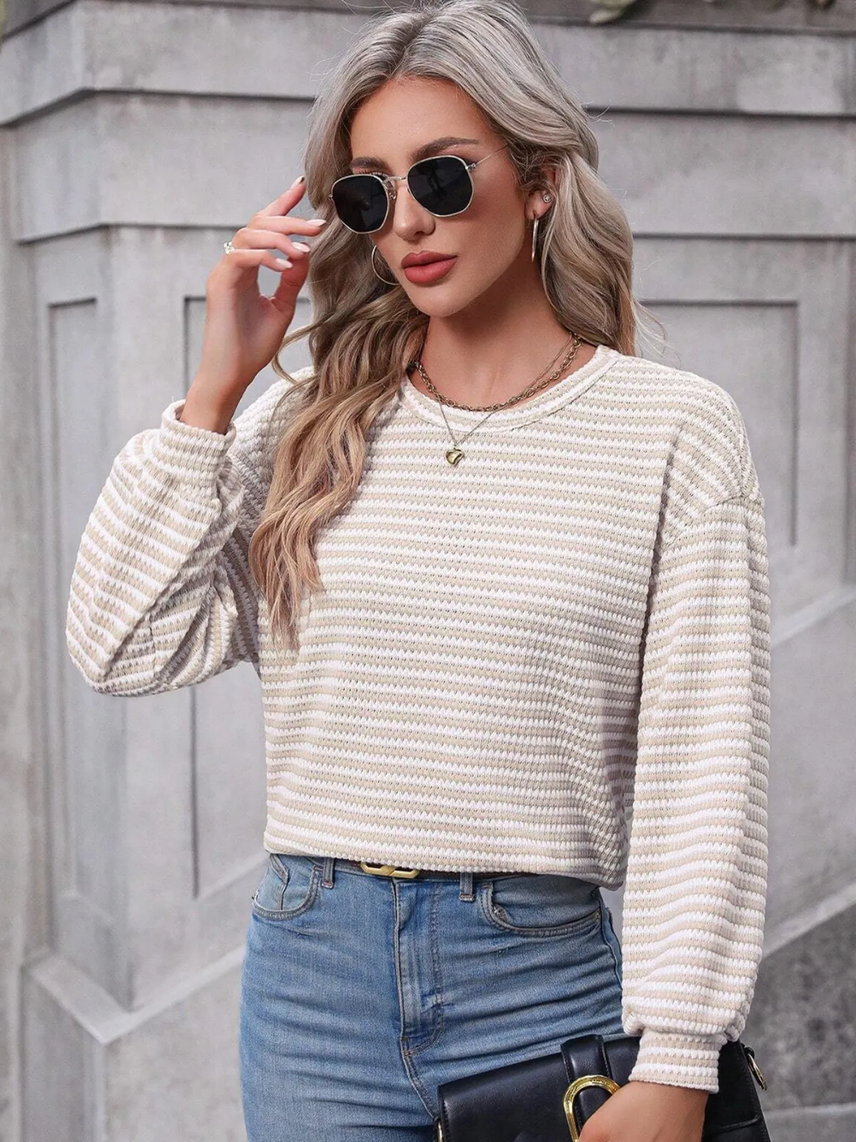 Womens  Khaki Striped Round Neck Drop Shoulder Long Sleeve Top