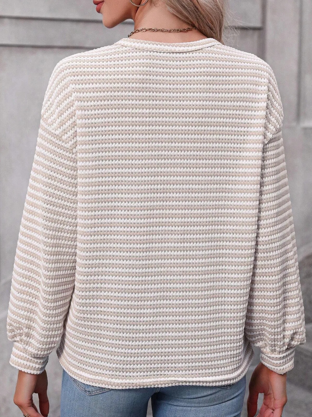 Womens  Khaki Striped Round Neck Drop Shoulder Long Sleeve Top