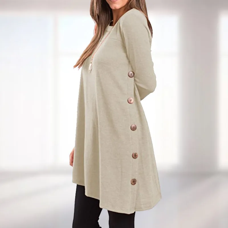 Women's Long Sleeve Scoop Neck Button Side Sweater Tunic Dress