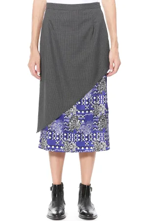 Wool and Silk Printed Blue Asymmetric Midi Skirt