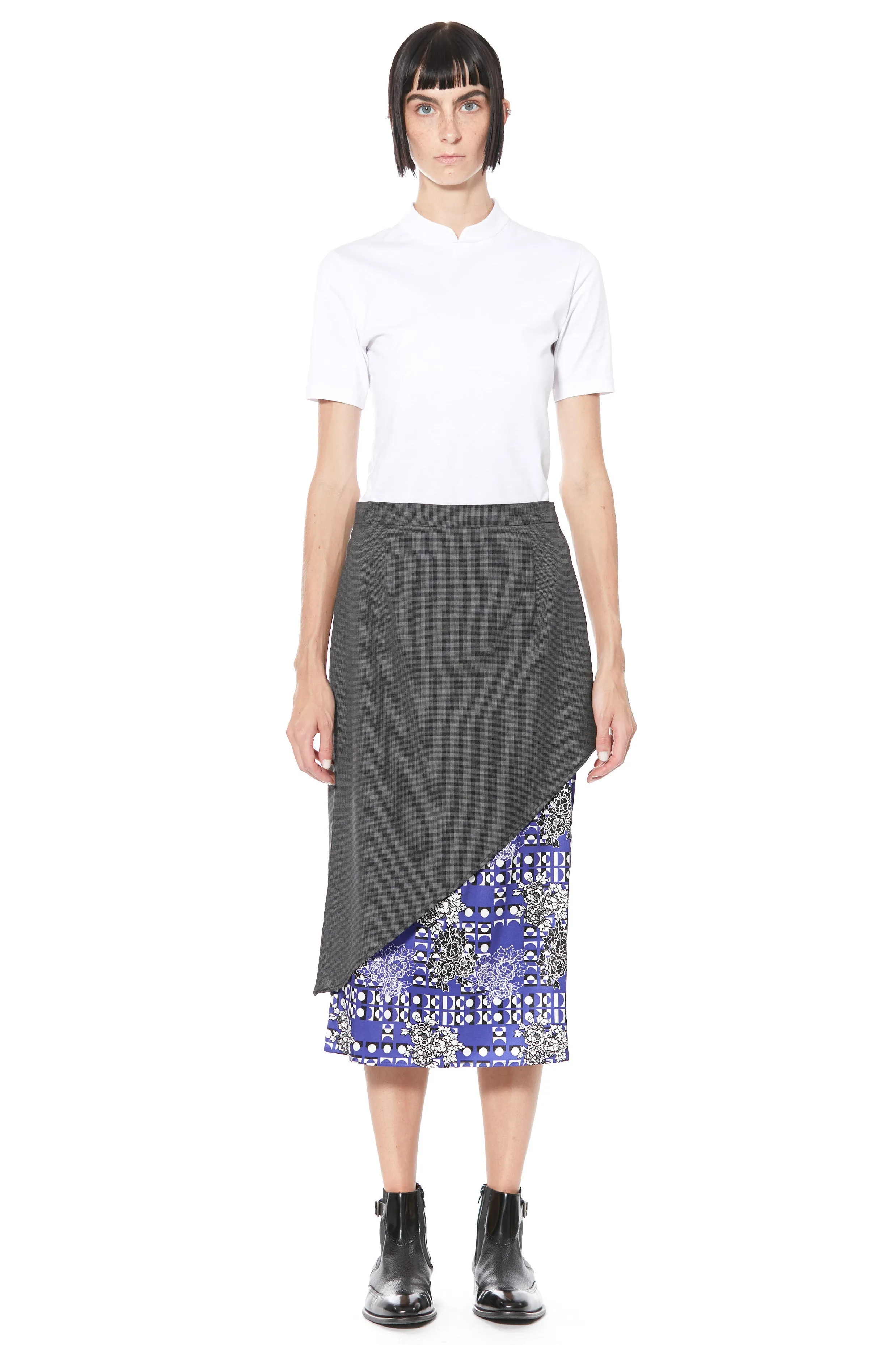 Wool and Silk Printed Blue Asymmetric Midi Skirt