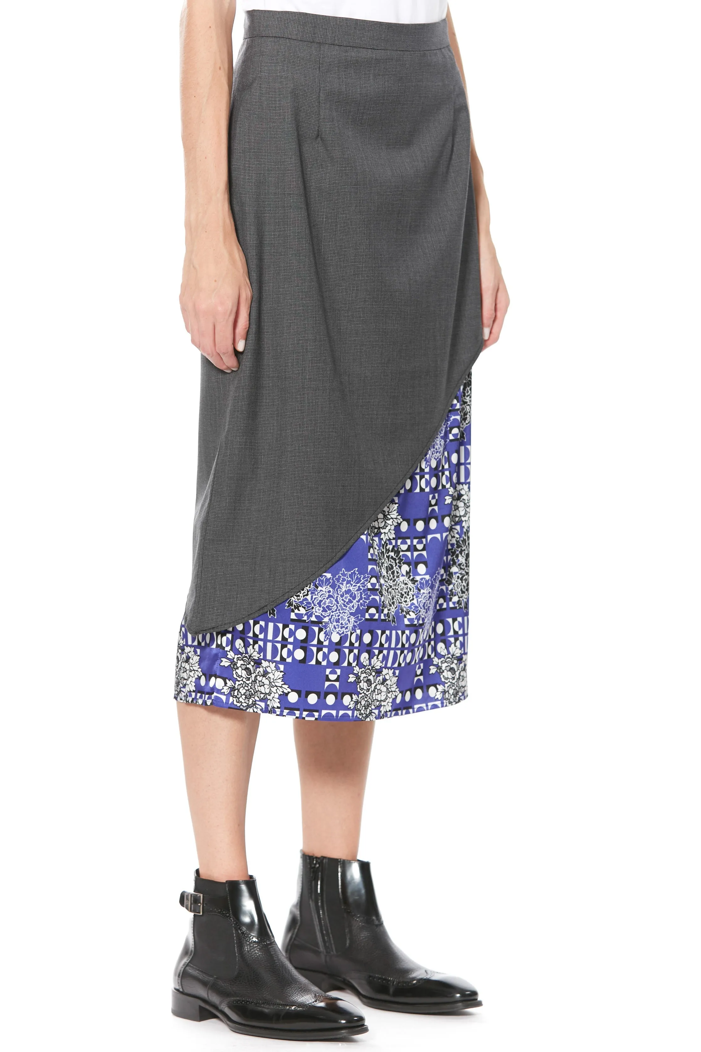 Wool and Silk Printed Blue Asymmetric Midi Skirt