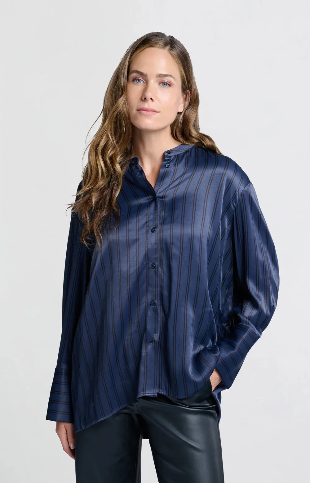 YAYA SATIN BLOUSE WITH STRIPES DARK BLUE