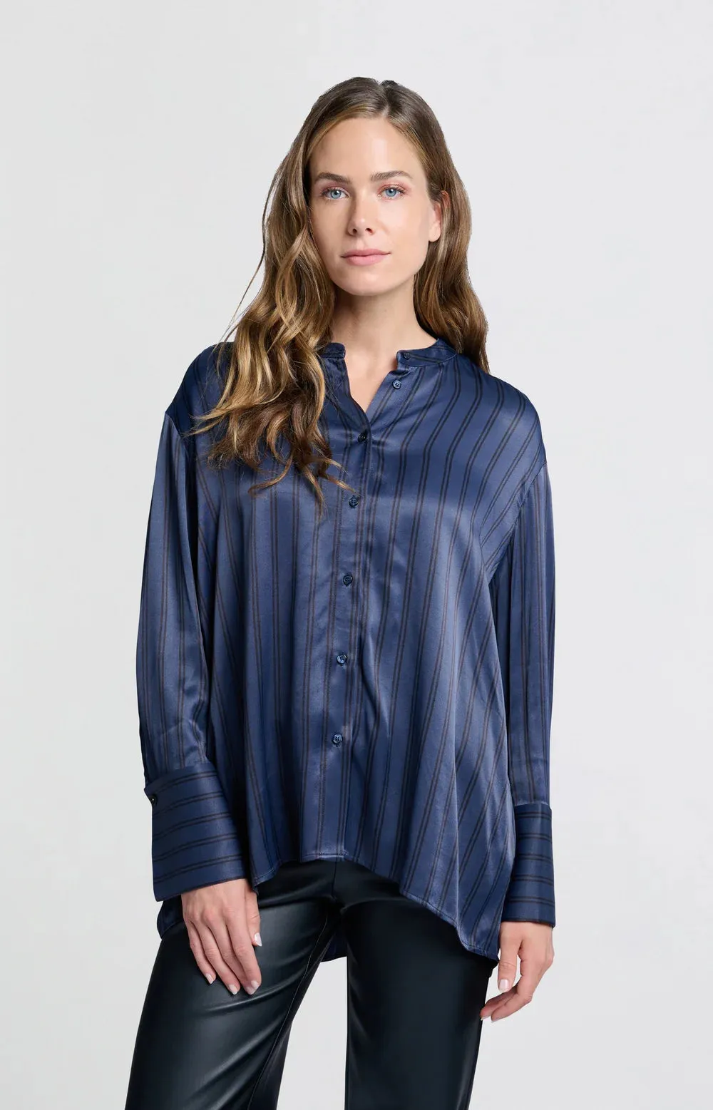 YAYA SATIN BLOUSE WITH STRIPES DARK BLUE