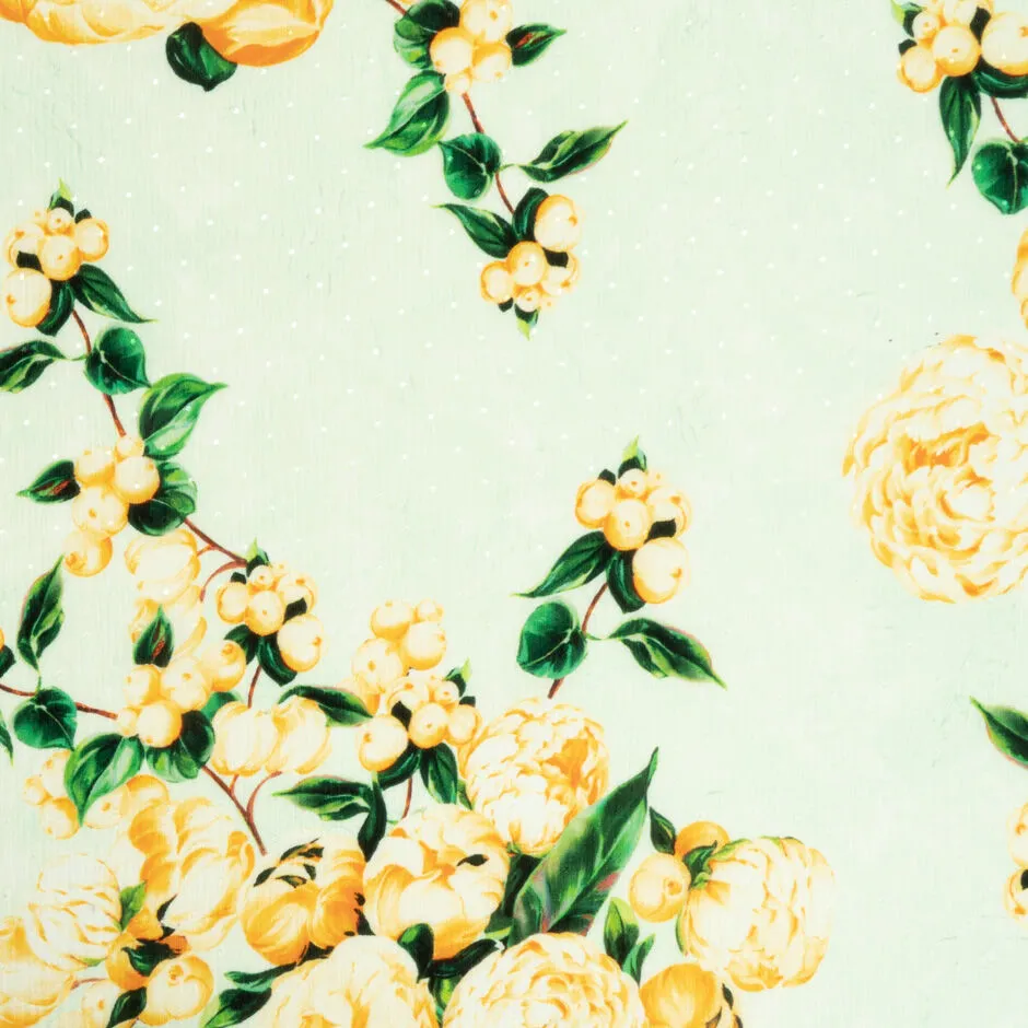 Yellow Peony Printed Pale Mint Silk Crêpe de Chine Jacquard