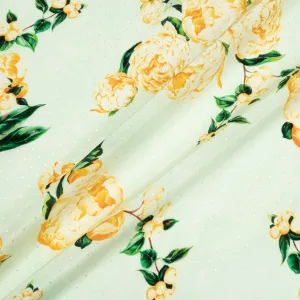 Yellow Peony Printed Pale Mint Silk Crêpe de Chine Jacquard