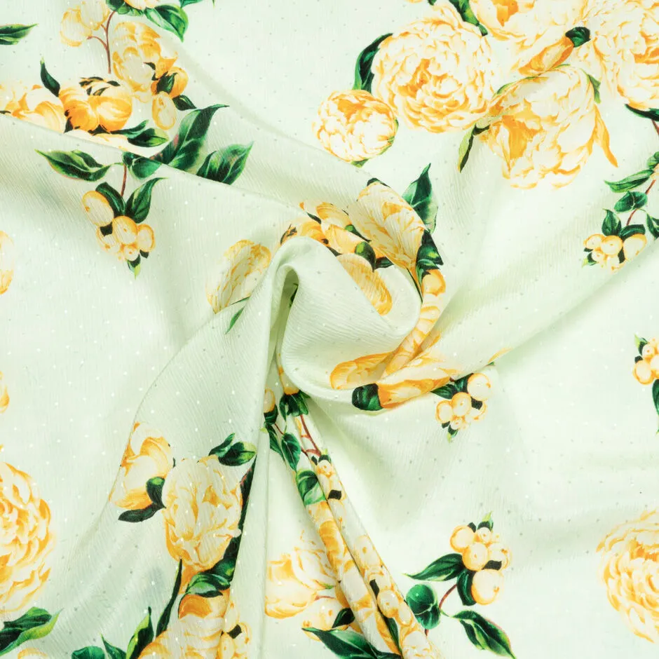 Yellow Peony Printed Pale Mint Silk Crêpe de Chine Jacquard