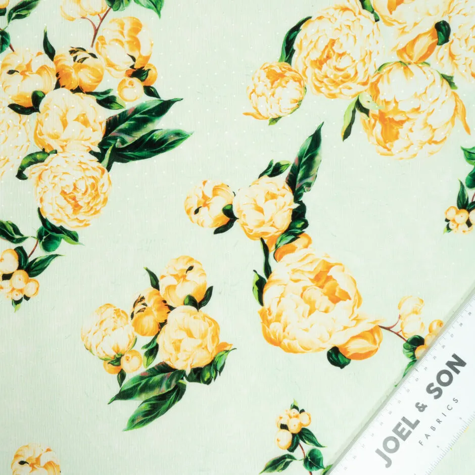 Yellow Peony Printed Pale Mint Silk Crêpe de Chine Jacquard